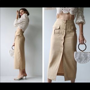 Vintage beige button down ankle length high waist midi maxi skirt